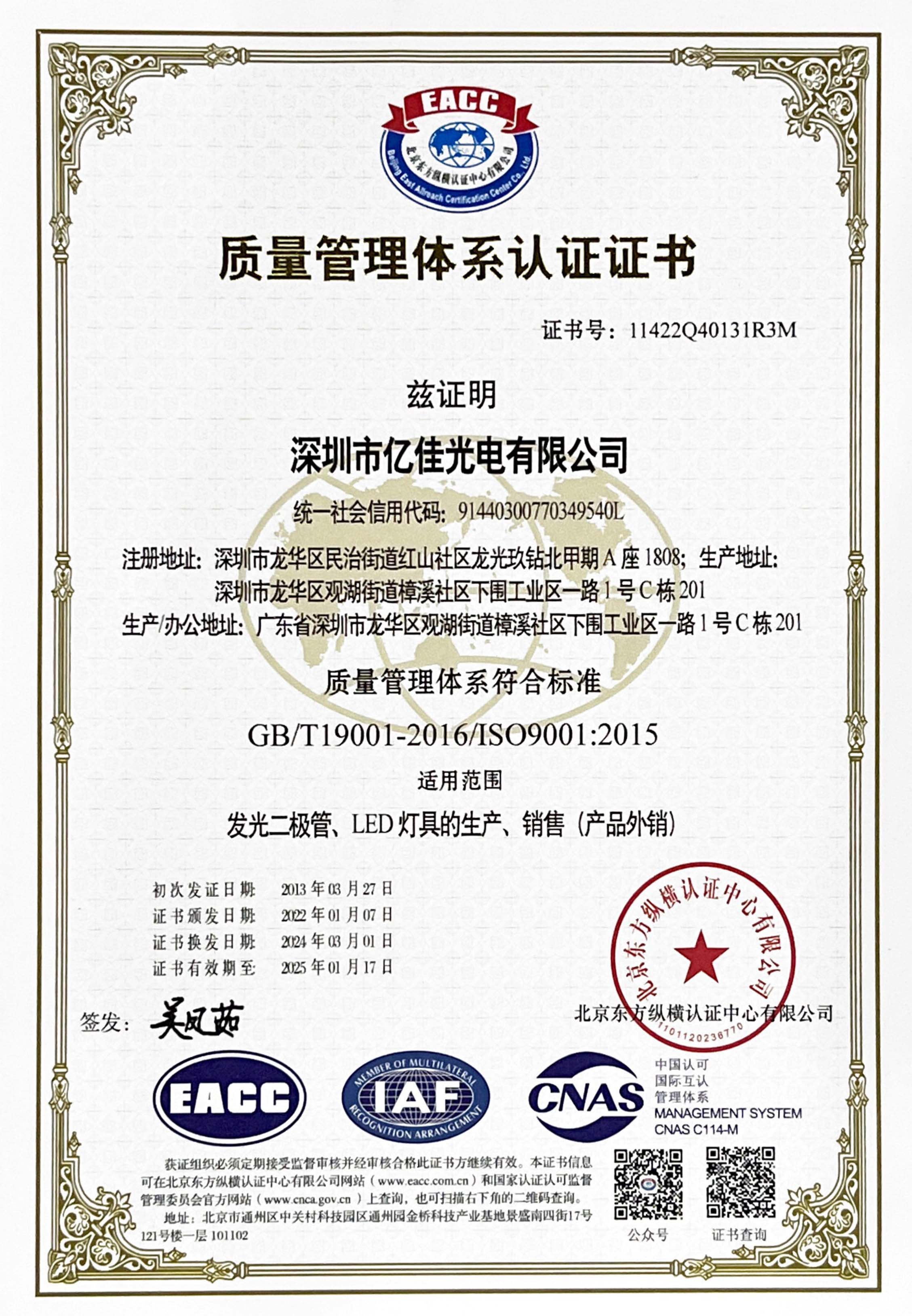 喜讯！赢多多光电再次顺利通过ISO质量管理体系认证